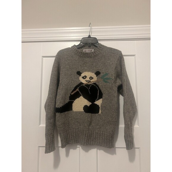 Jade 100% Shetland Wool Panda Sweater Crewneck Pullover Gray Size Small Vintage - Picture 2 of 5